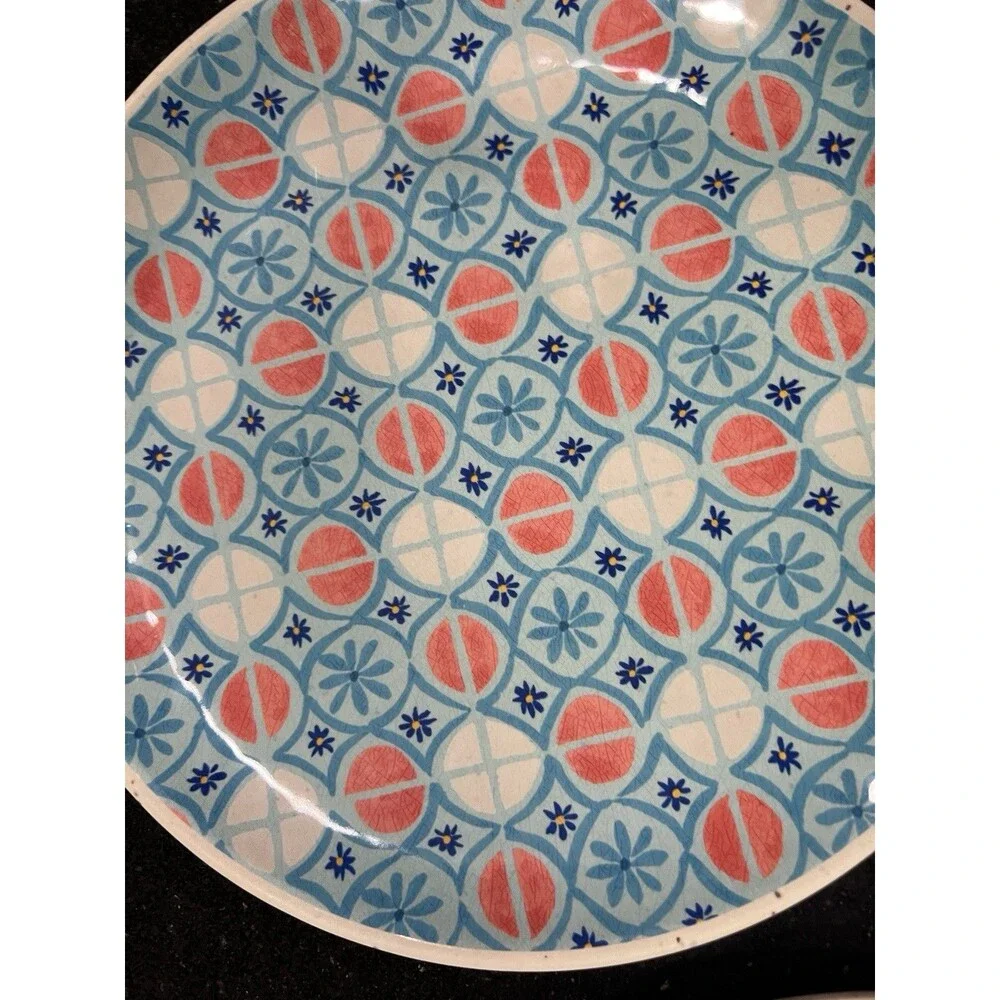 3 Better Homes Gardens Coral Sabine Tile Melamine Dinner Plates dishes 10.5 in